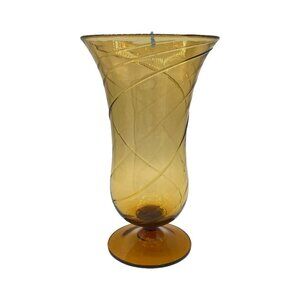 Vintage Hand Blown Optic Swirl Amber Glass Pedestal Vase Large Centerpiece 11" H